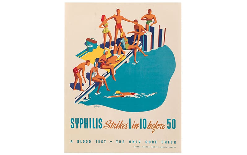 This poster from the U.S. Public Health Service was printed in the 1940s, well after the first cures for syphilis had been found and administered. Source: Lithograph After Fellinagel, 1940/Wellcome Collection.